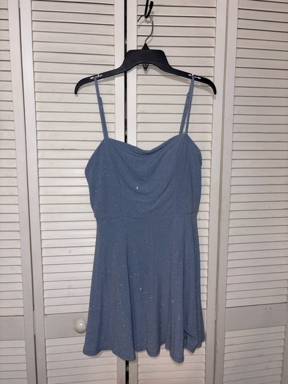 B. Smart Dusty Blue Sparkle Cowl Neck Mini Dress